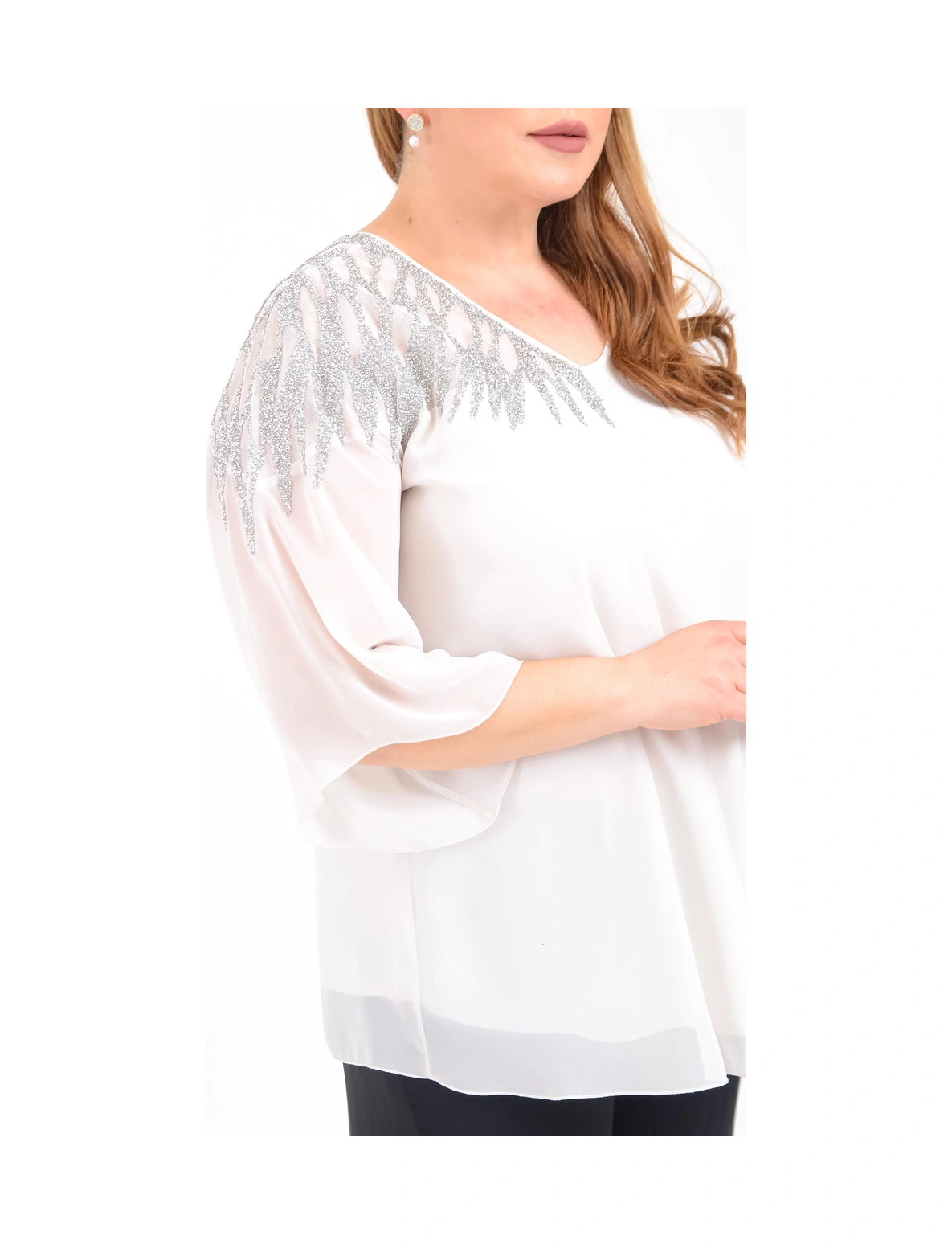 Büyük Beden Beyaz Renkli Şifon V Yaka Abiye Bluz Beyaz