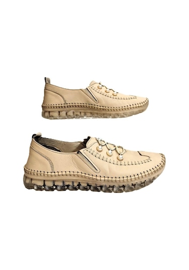 Voyager 9871 Bej Hakiki Deri Boncuklu Bayan Ayakkabı Bej