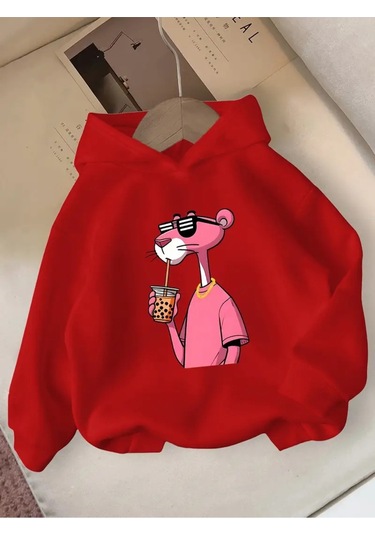 Kışlık Kapüşonlu Sweatshirt, Çocuk Pembe Panter Baskılı Kırmızı