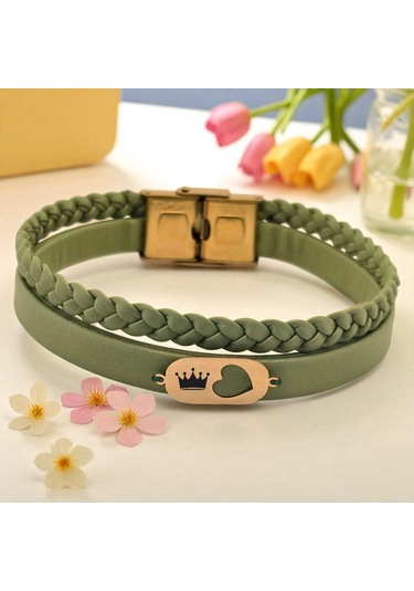 Archin Krallık Tacı Temalı Kalp Motifli 14 Ayar Altın Plakalı Doğal Yeşil Derili Hediye Bileklik-556sembol Krallık Tacı