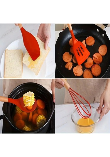 Tilbe Home 12'li Silikon Kevgir Kepçe Kaşık Fırça Spatula Çırpıcı Maşa Servis Seti Bambu Kırmızı Mut