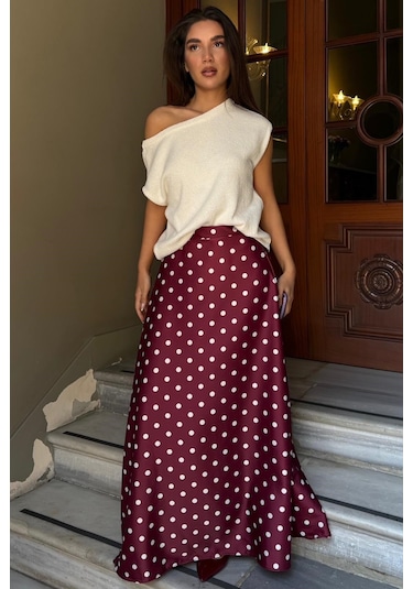 Madmext Bordo Puantiyeli Maxi Kadın Saten Etek Mg2725