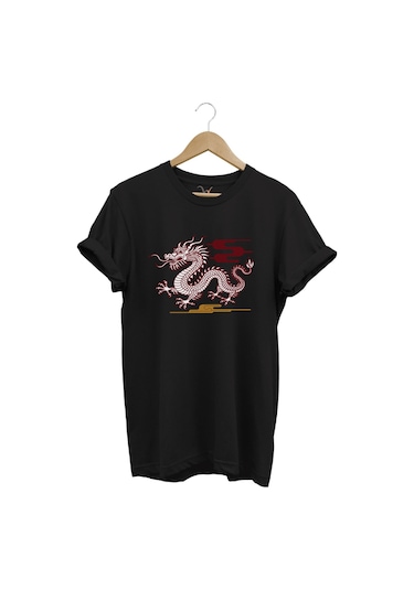 Mitolojik Asya Çin Ejderha Baskılı %100 Pamuk Regular Fit Bisiklet Yaka Siyah T-shirt Siyah