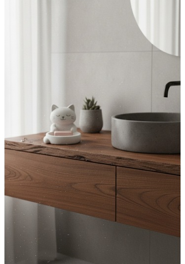 Oxyteez Kedi Figürlü Sabunluk Beyaz Renk Reçine Tasarım Ev Ve Ofis Dekorasyonu