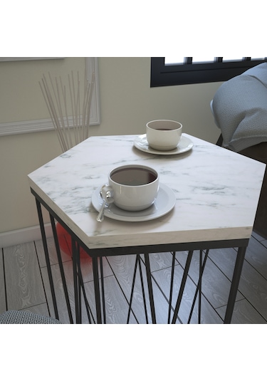 Cetrus Beyaz Mermer Yan Sehpa & Servis Sehpası Metal Marmo