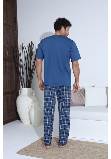 Erkek 70034 Kısa Kol Yaka Düğmeli Pijama Takımı Mavi Mavi