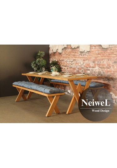 Neiwel Vera Doğal Ahşap Banklı Yemek Masası Takımı-100-300 Takım Açık Ceviz
