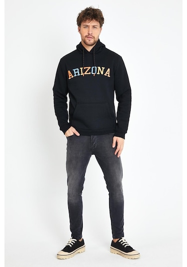 Polostate Erkek Arizona Nakışlı Kapüşonlu 3 İplik Sweatshirt Siyah
