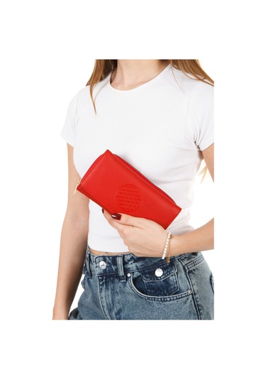 Yaşam Çiçeği Baskılı Şans Cüzdanı Kağıt Bozuk Para Ve Kartlık Bölmeli Kırmızı Kadın Cüzdan Kirmizi