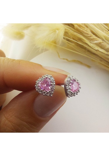 925 Ayar Gümüş Pembe Taşlı Kalp Küpe Gümüş