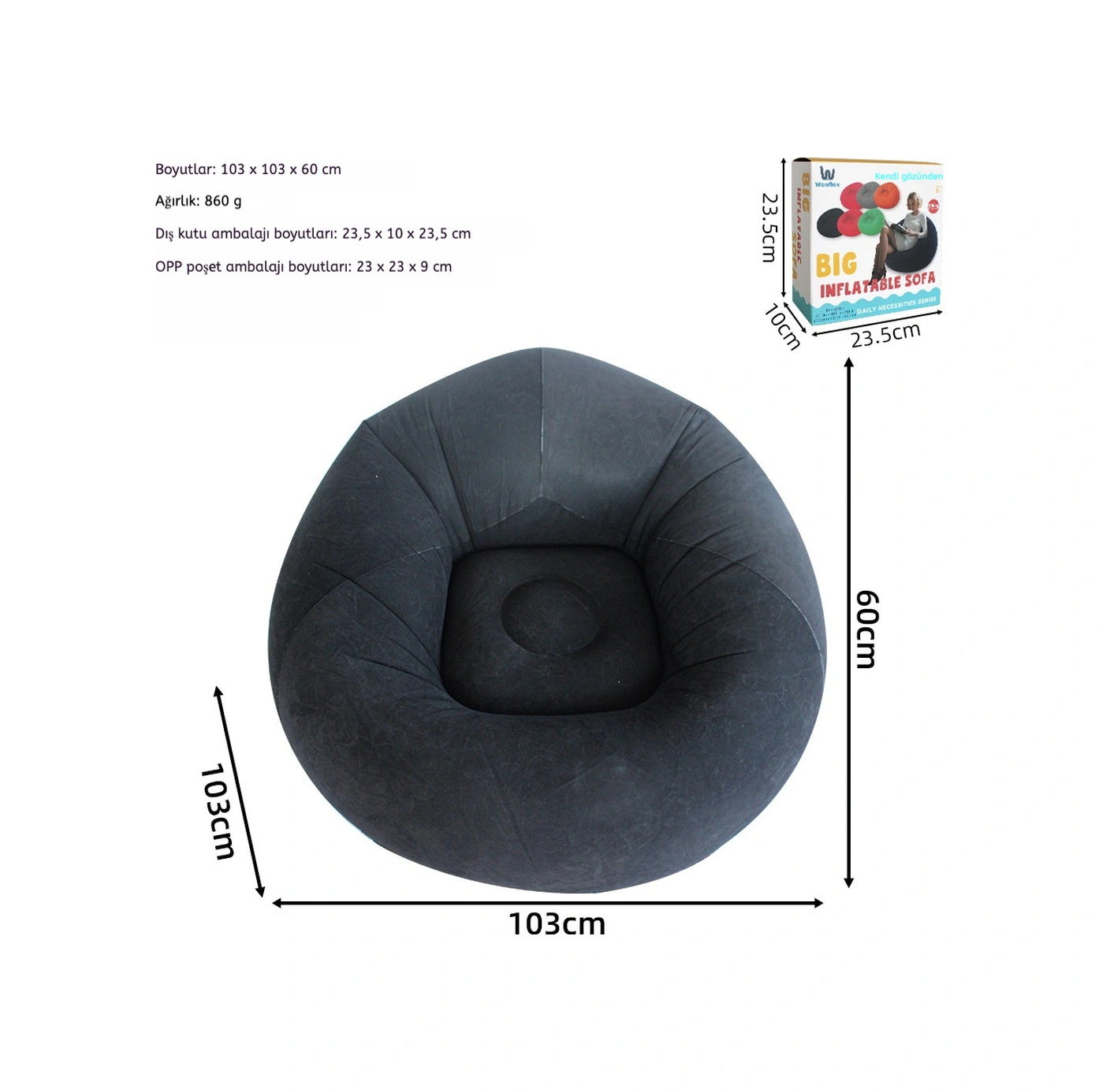 Snapbuy Kadife Kaplamalı Tek Kişilik Şişme Koltuk Siyah