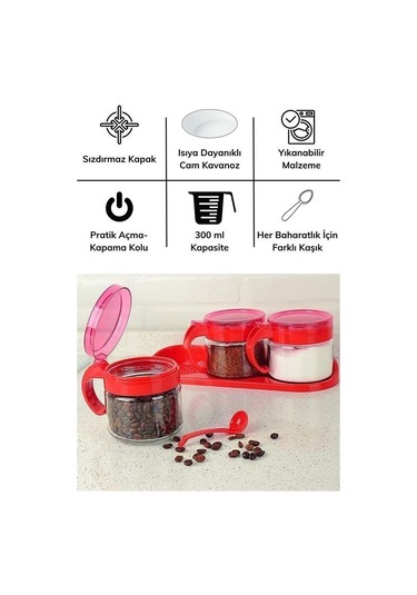 N&m Store Kırmızı 3lü Standlı Kapaklı Kaşıklı Cam Hava Sızdırmaz Baharatlık Takımı Kc-386 Çok Renkli