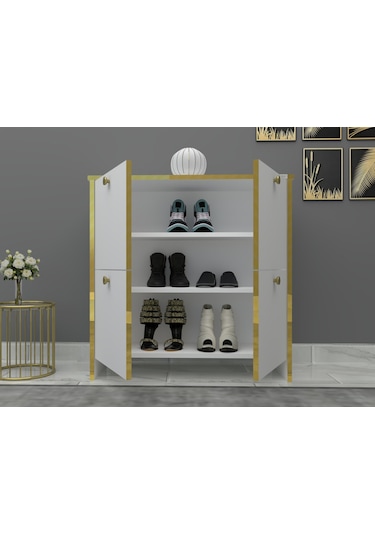 %100 Mdf 2 Kapaklı Küp Altın Sarısı Desenli Gövdeli Ayakkabılık Beyaz