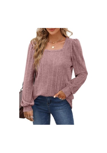 Novahub Gmxıa Kadın Modası Rahat Yaz Düz Renk Baskı Uzun Kollu U Yaka Bluzlar Ve Gömlekler Pembe - S Pembe