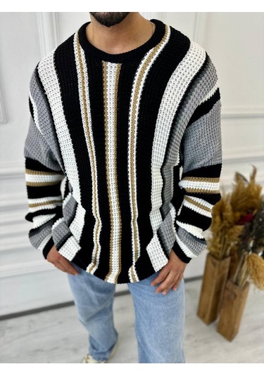 Kazak Oversize Renkli Örgü Desenli Naturel Pamuk Bol Kesim Salaş Triko Kazak Gri