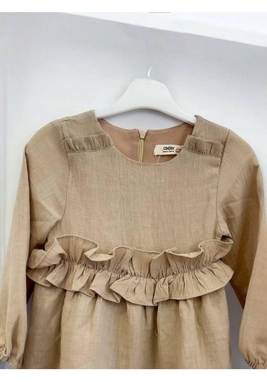 Kız Çocuk Pamuklu Mevsimlik Astarlı Fırfırlı Bol Elbise-14441 Bej