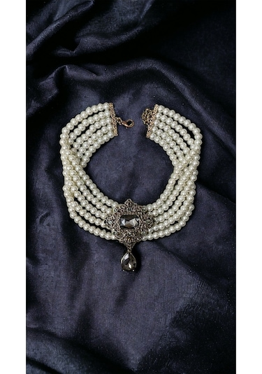 Baget Ve Su Damlası İnci Choker Tasma Kolye Vizon