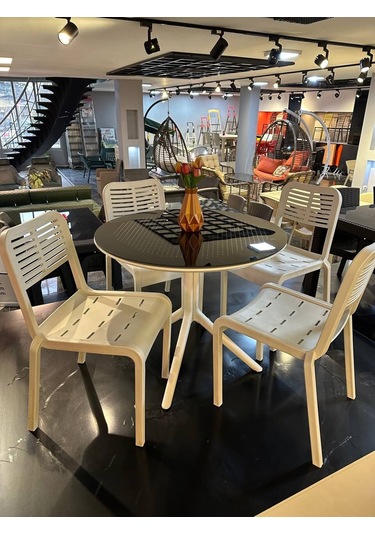 Royal Rattan Yuvarlak Camlı Masa Takımı 4 Kişilik Camlı Kapuçino