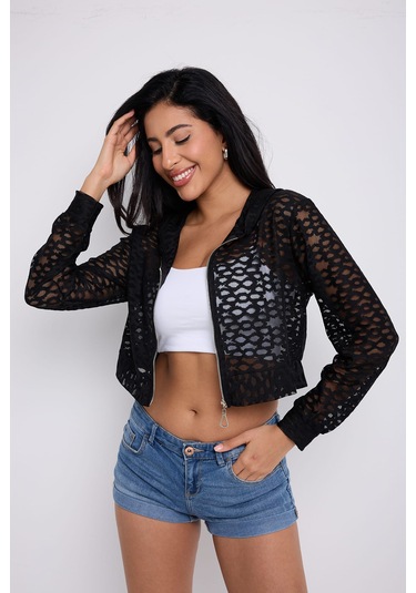 Kapuşonlu Dantel Bluz Siyah