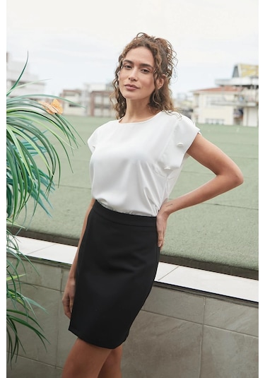 Kadın Hafif Likralı Kumaş Yüksek Bel Anvelop Kruvaze Hafif Mini Kalem Etek-siyah Siyah