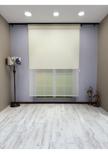 Çiftli Sistem Keten Tül Ve %100 Blackout Karartma Ekru Stor Perde Ekru