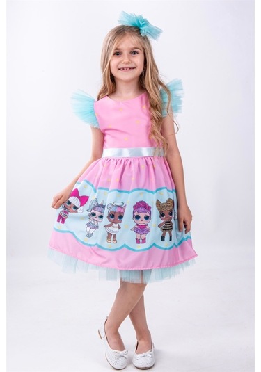 Pembe Bebek Desenli Tül Detaylı Kız Çocuk Parti Elbisesi