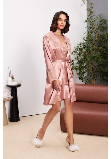 Pierre Cardin Brandy Saten Dantelli Kadın Gecelik Sabahlık Takımı 4510 Brandy