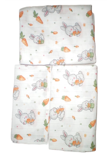 More Home Çok Amaçlı Müslin Bez Battaniye Set 5 Parça Havuç Yiyen Tavşan Gri - Kırmızı