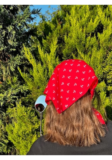 Herşey Nota Çapa Desen Fular Pamuklu Unisex Kırmızı 1722 Çok Renkli