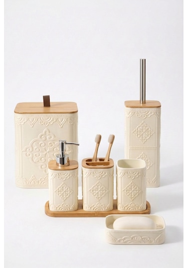 Makri Home Desenli 7 Parça Bambu Kapaklı Ve Aksesuarlı Banyo Seti Gri