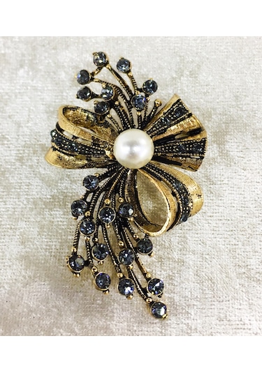 İnci Fiyonk Swarovski Taşlı Elmas Montür Yaka İğnesi Broş