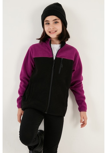 Lela Yumuşak Dokulu Fermuarlı Renk Bloklu Dik Yaka Cepli Hırka Unisex Çocuk Polar 5905001 Mor-Siyah