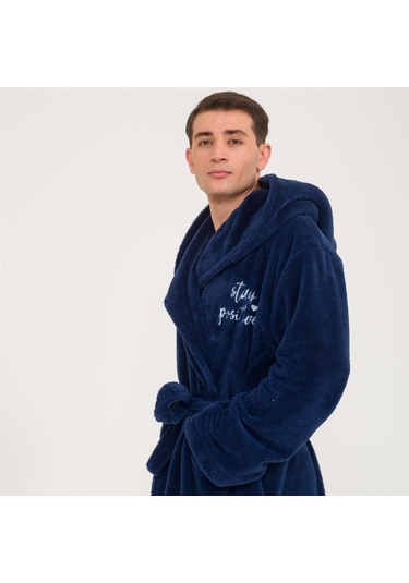 Erkek Uzun Welsoft Kapüşonlu Sabahlık-Lacivert