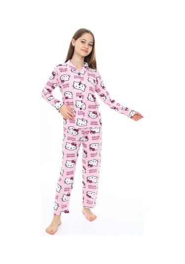 Kız Çocuk Kedi Baskılı Pijama Takımı 7-16 Yaş 0150 Pembe