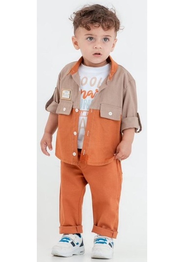 Cepli Gömlek , Pantolon , T-shirt 3parça Erkek Bebek Takım Mnk31103 Kiremit
