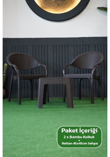 Bambu Rattan Görünümlü Sehpalı Set 2 Adet Koltuk + 45 Cm Sehpalı Sandalye Seti Kahverengi
