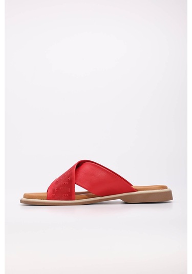 Hakiki Deri Kadın Düz Terlik 972za1201 Kırmızı