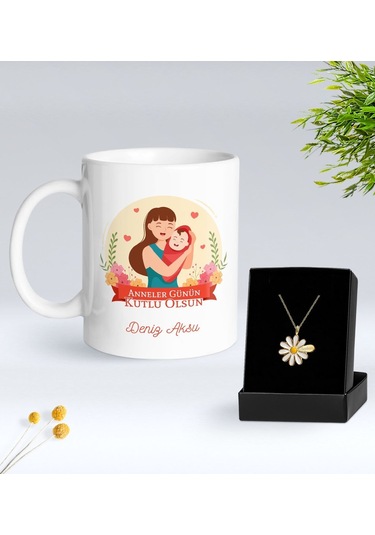 Bk Gift Kişiye Özel Anneler Günü Tasarımlı Beyaz Kupa Ve Papatya Kolye Hediye Seti - 2, Anneler Günü Hediyeleri, Anneye Hediye Kobitmeyencom30513 Bk G