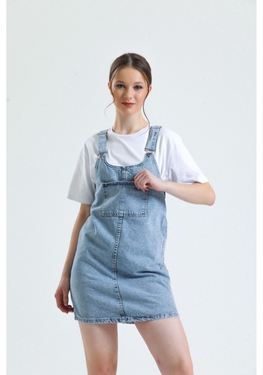 Shevega Kadın Mavi Kanguru Cep Bahçevan Kot Elbise Mavi