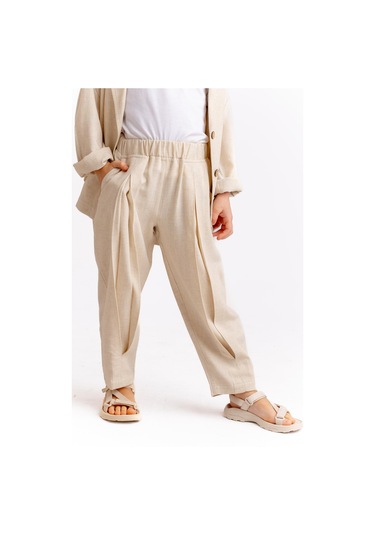 Unisex Paça Ve Belden Kapalı A Pile Keten Pantolon Naturel Naturel Bej