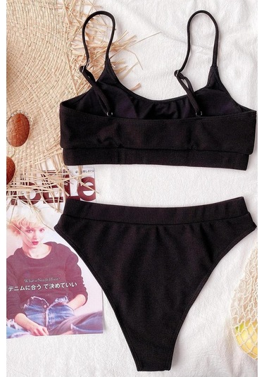 Angelsin Yüksek Bel Fitilli Kumaş Bikini Altı Siyah