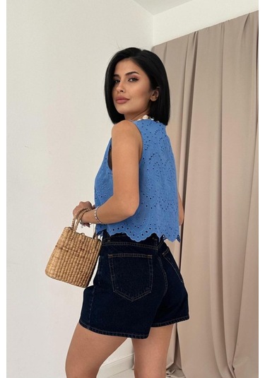 Tanla Butik Mavi Sıfır Kol Brode Bluz Mavi