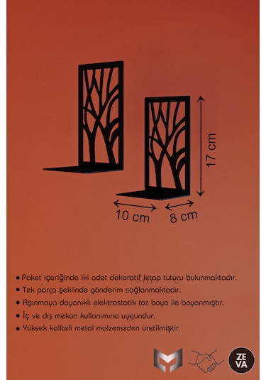 2 Adet Siyah Dekoratif Metal Kitap Tutucu Ağaç Desenli, Şık