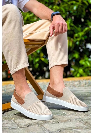 Bej Taba Triko Yüksek Taban Bağcıksız Günlük Erkek Ayakkabısı Bej1 Bej