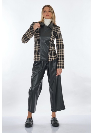 Unique Mode Gömlek Yaka Ekose Desenli Siyah Kadın Ceket Uw243001 001