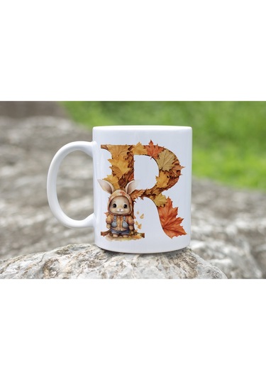 R Harf Sonbahar Yaprak Temalı Kupa Bardak - Sevimli Figürler İle Alfabe Harfli Bardak - Kişiye Özel Beyaz