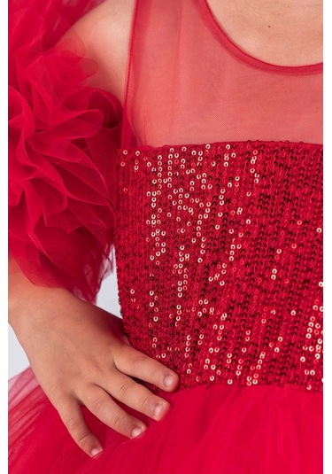 Kız Çocuk Abiye Elbise Ponpon Kol Pul Payetli Tütülü Kırmızı