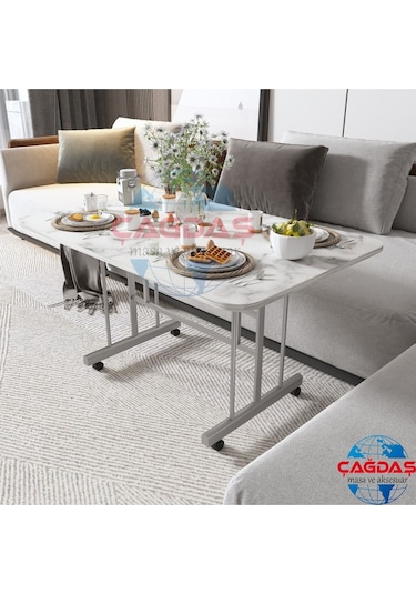 Teknor Tekerlekli Masa Orta Sehpa 70x110 Cm Metal Ayak Beyaz