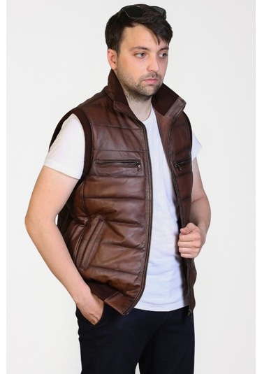 Derije Max Hakiki Deri Erkek Kahverengi Triko Detaylı Şişme Yelek