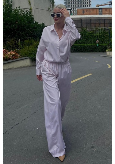 Madmext Pembe Uzun Kollu Çizgili Gömlek Pantolon İkili Takım Mg2124-pembe Pembe